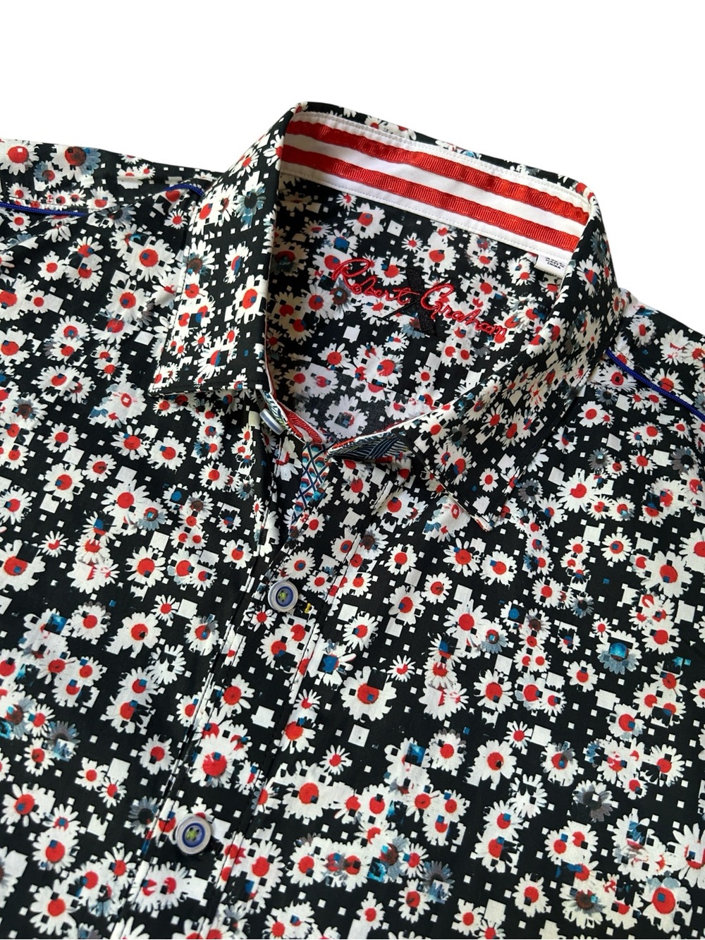 Robert Graham Short Sleeve Button Down Shirt Navy Floral Trimmed Cuffs Mens XXL
